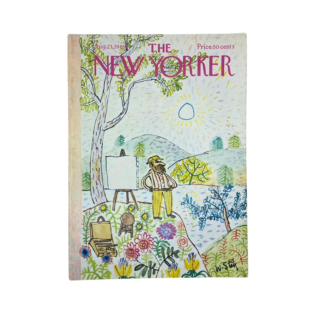 The New Yorker Complete Magazine August 23, 1969 featuring a whimsical cover illustration by William Steig, depicting a landscape with a figure in a straw hat and painter's easel, capturing the artistic essence of the late 1960s.