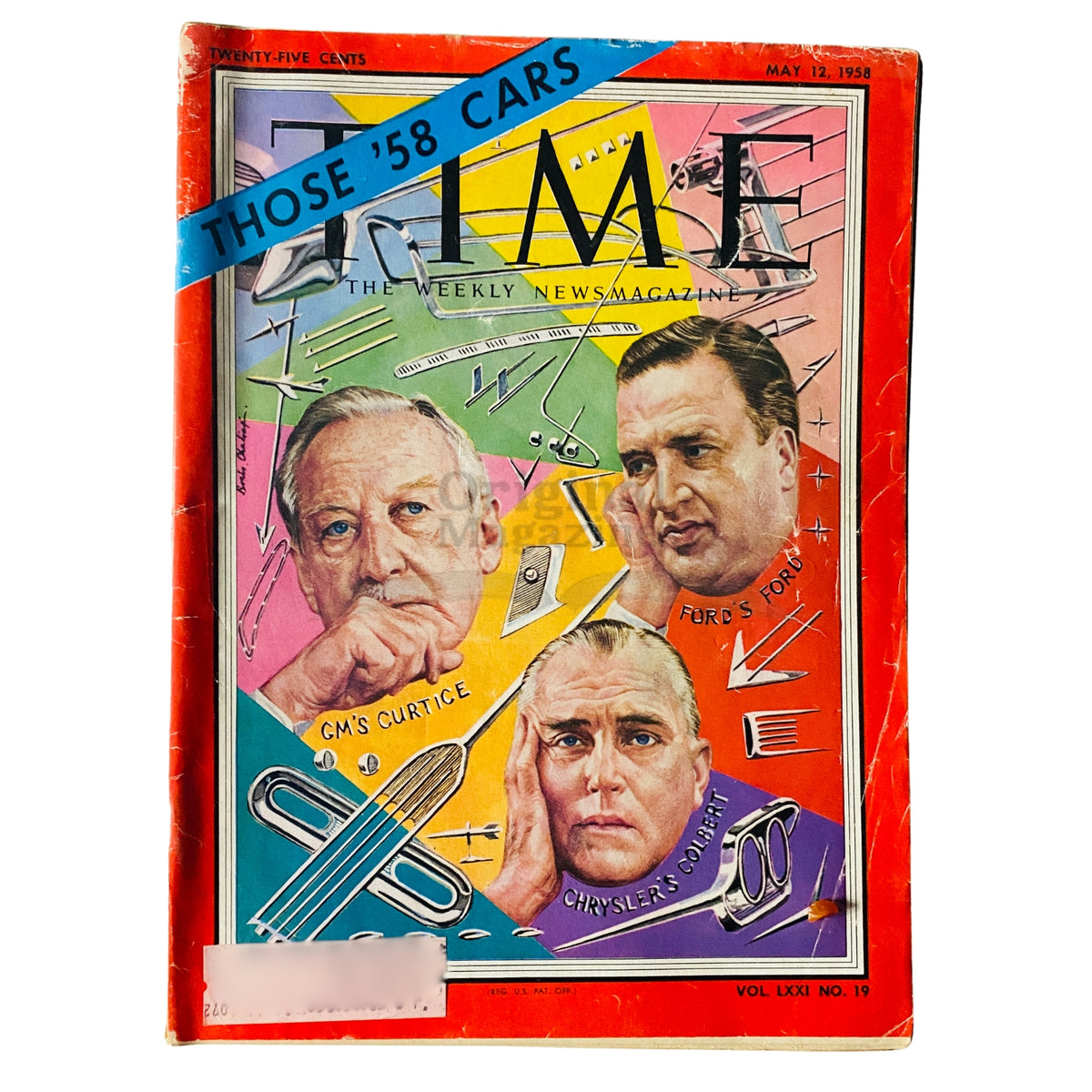Cover of Time Magazine from May 12, 1958, Volume 71, Number 19, featuring a colorful design showcasing automotive industry leaders including GM's Curtice, Chrysler's O'Gilbert, and Ford's Ford, with the title 'Those '58 Cars' prominently displayed.