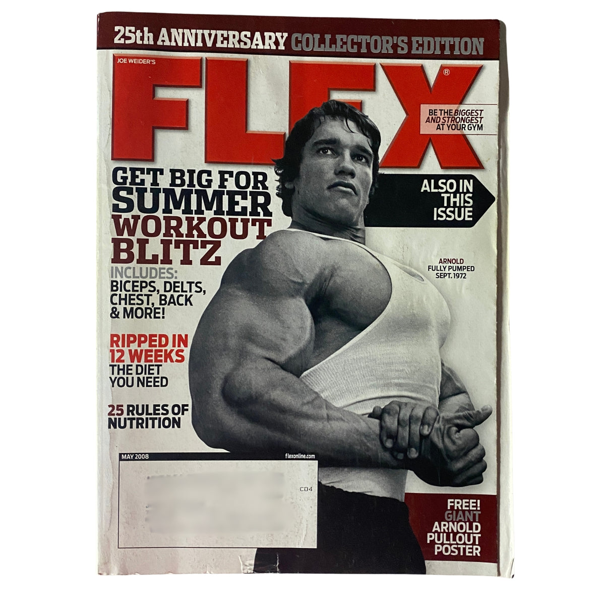 Cover of Flex Magazine May 2008 Vol 26, Num 3 featuring Arnold Schwarzenegger. This issue celebrates 25 years of bodybuilding culture and includes workout tips and a fold-out poster.