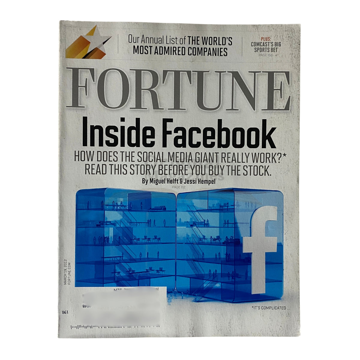 Cover of Fortune Magazine March 19, 2012 featuring the title 'Inside Facebook' and an overview of the social media giant's inner workings by Miguel Helft.
