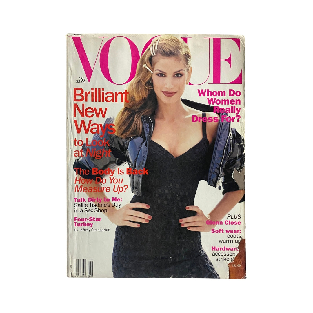 Vogue Magazine November 1994 featuring Cindy Crawford on the cover, highlighting insights on fashion, beauty, and lifestyle.
