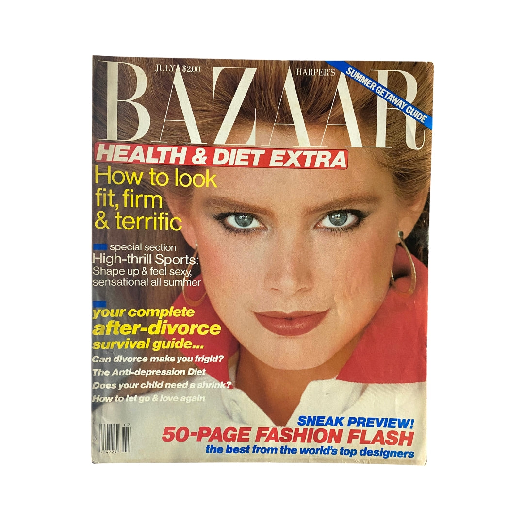 Cover of Harper's Bazaar Magazine July 1982 featuring Kelly Emberg, highlighting health and diet tips along with a sneak preview of fashion trends and articles.