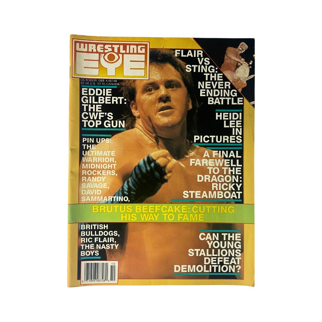 Wrestling Eye Magazine October 1988 cover featuring Eddie Gilbert as The CWF's Top Gun, with articles on Brutus Beefcake, Flair vs. Sting, and pin-ups of wrestling stars.