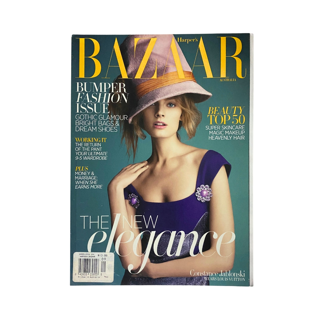 Cover of Harper's Bazaar Australia Magazine September 2012 featuring model Constance Jablonski, showcasing stylish fashion under the title 'The New Elegance'. This vintage magazine is ideal for fashion enthusiasts and collectors.