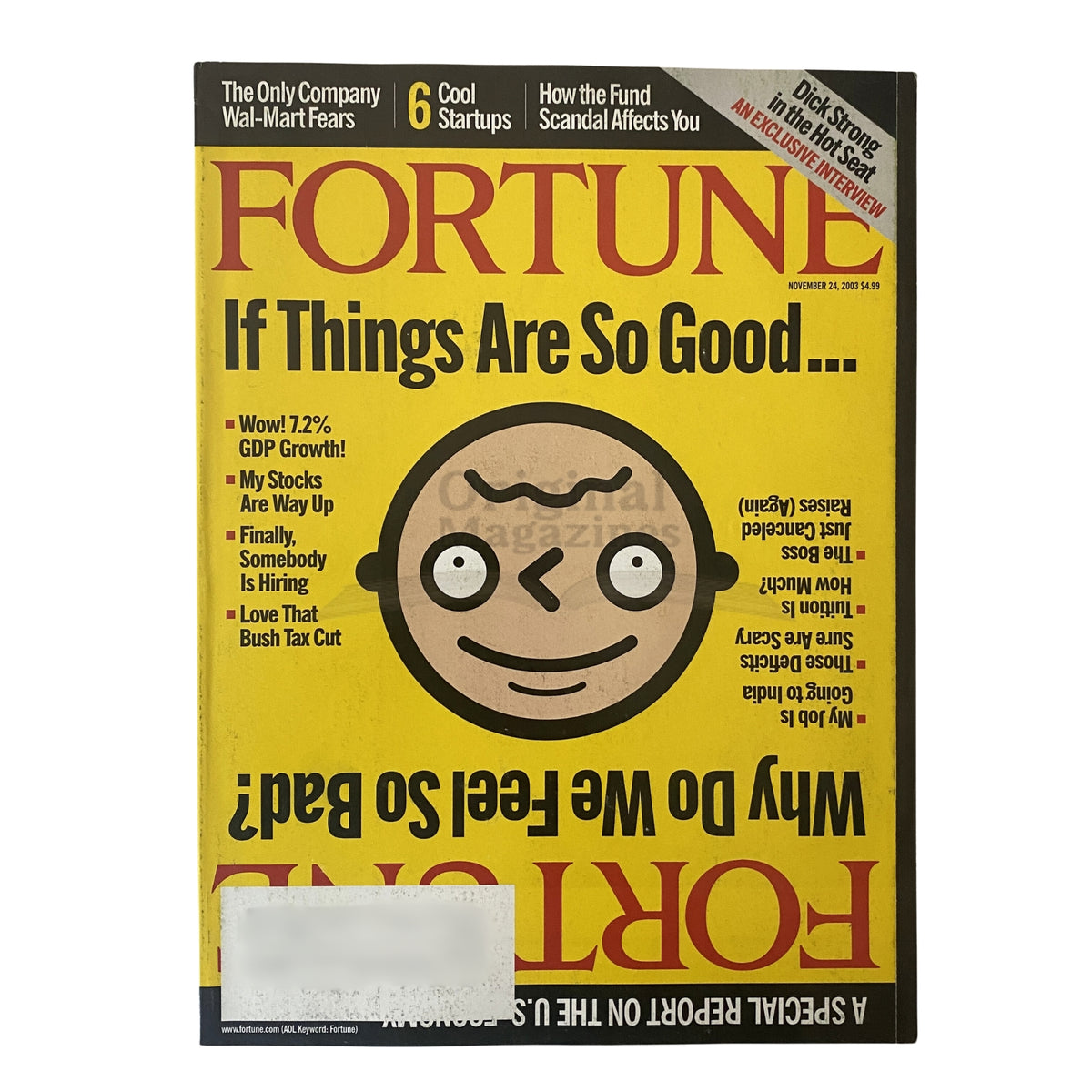 Cover of Fortune Magazine from November 24, 2003, featuring the title 'Goldman Goes on a Power Trip' with an illustration of a cartoon character, highlighting economic themes.