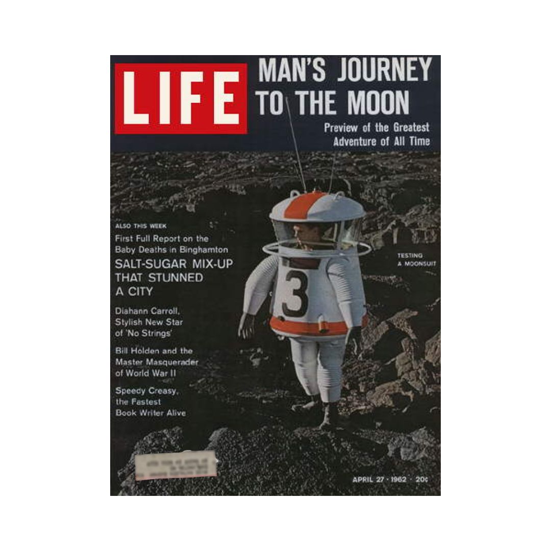 April 27, 1962 Life Magazine cover featuring 'Man's Journey to the Moon', showcasing a child in a spacesuit against a lunar landscape, reflecting the excitement of the space race era.