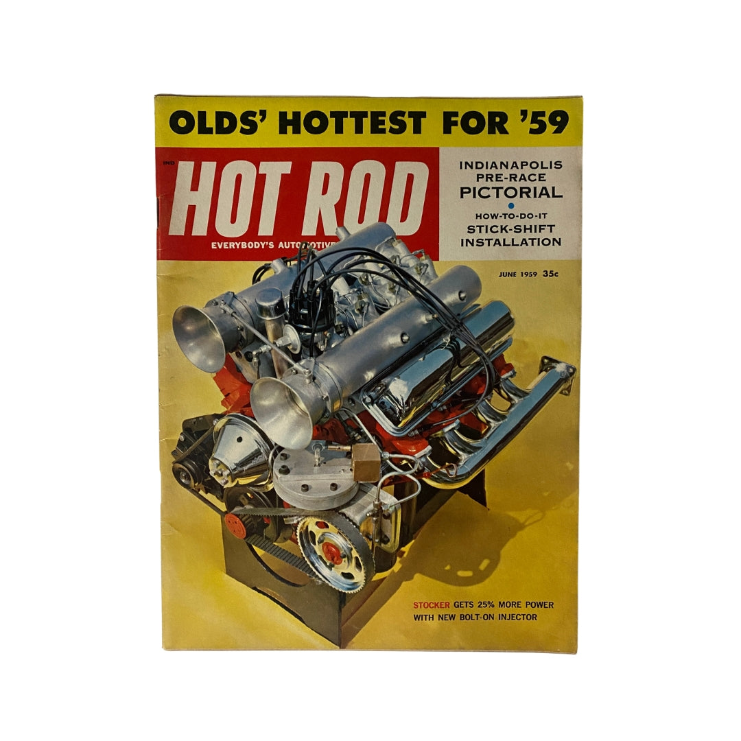 Cover of VTG Hot Rod Magazine June 1959 featuring a powerful Oldsmobile engine with the title 'Hot Rod' prominently displayed, highlighting the Indianapolis Pre-Race pictorial.
