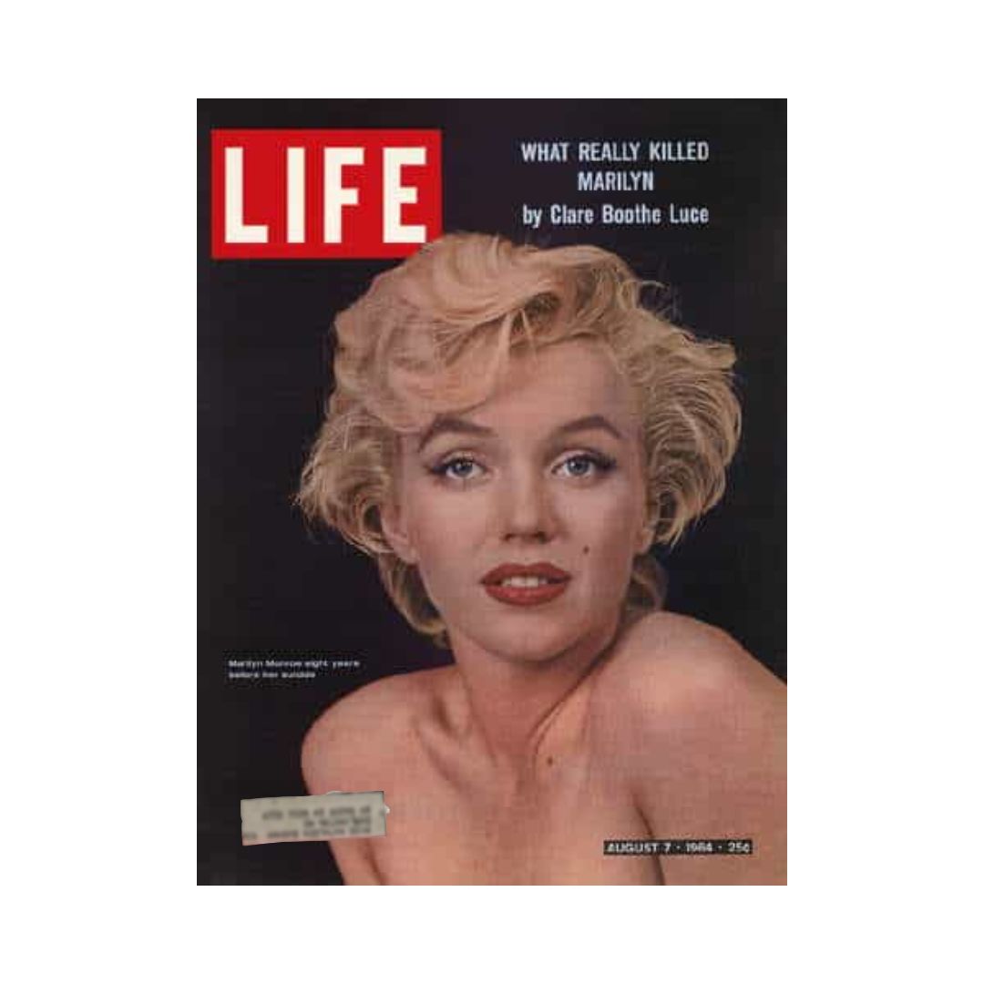 VTG Life Magazine cover from August 7, 1964 featuring Marilyn Monroe, with the headline 'What Really Killed Marilyn' by Clare Boothe Luce, showcasing her iconic blonde hairstyle and striking features.