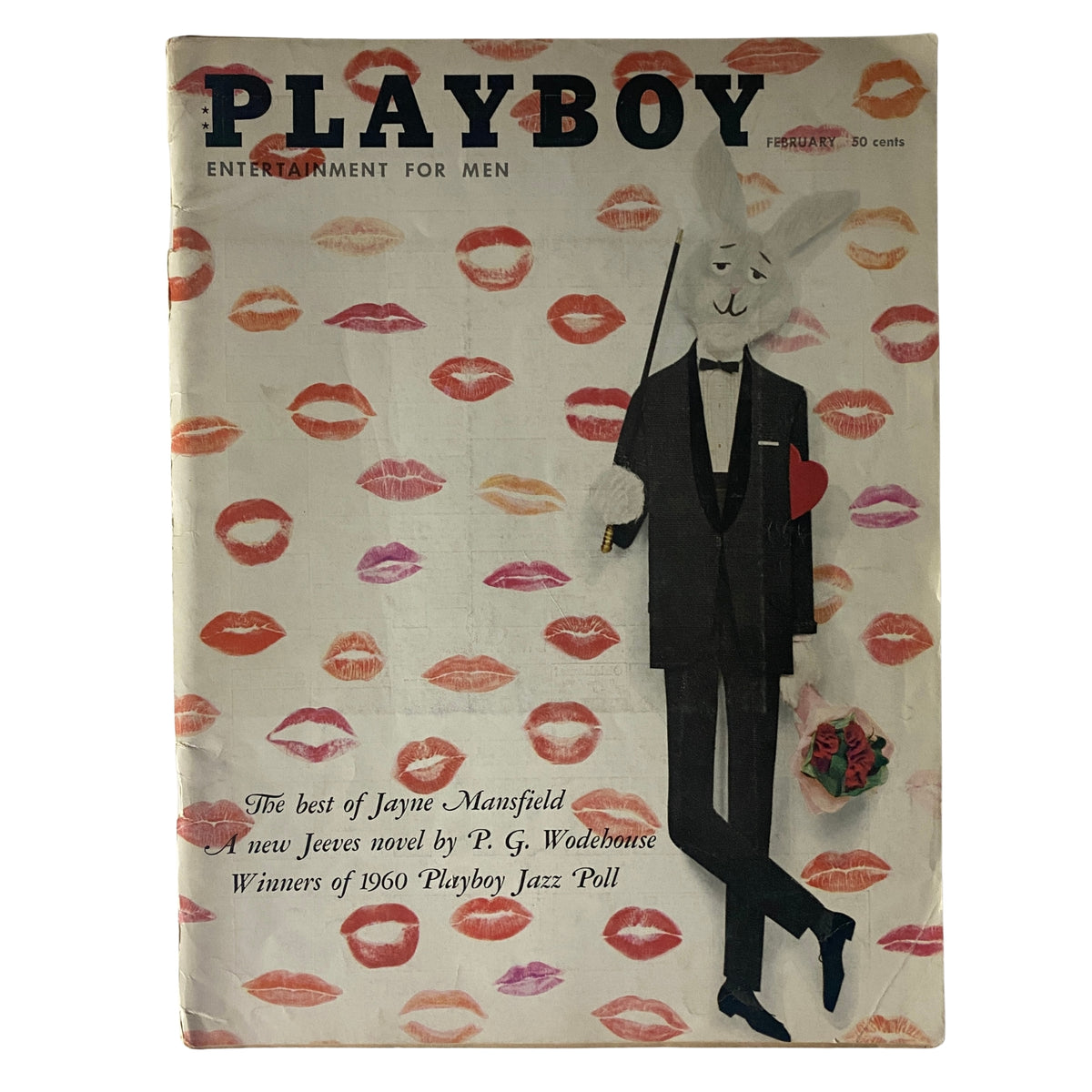 Cover of Playboy Magazine February 1960 featuring a whimsical rabbit in a tuxedo with a heart, surrounded by kisses. An iconic vintage magazine collectible.