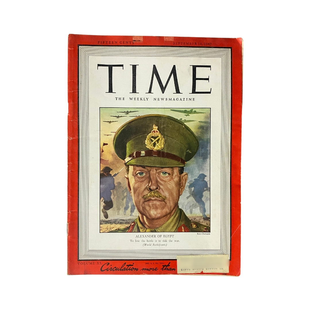 Cover of Time Magazine September 14, 1942 featuring the portrait of Alexander of Egypt, depicting historical context during World War II.