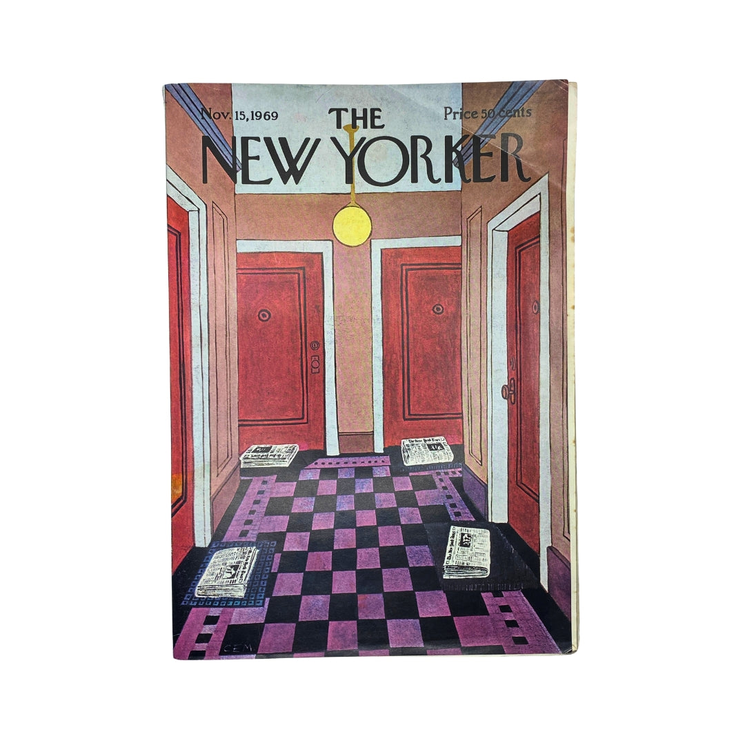 The New Yorker Complete Magazine November 15, 1969, featuring a Charles E. Martin cover design displaying a corridor with red doors and newspapers on the floor.