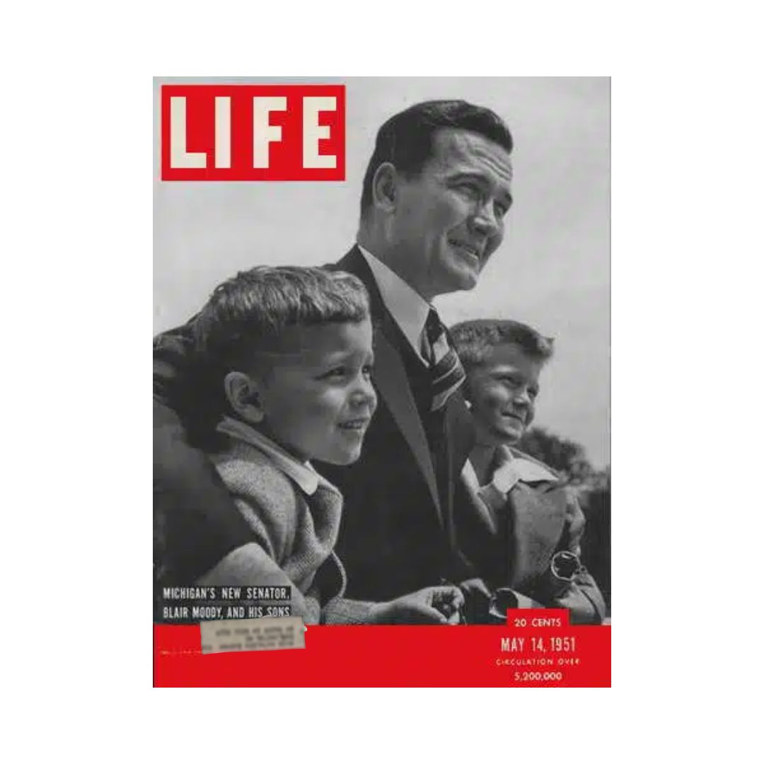 Cover of VTG Life Magazine from May 14, 1951 featuring Michigan Senator Blair Moody and his sons, showcasing historical moments and families of the era.