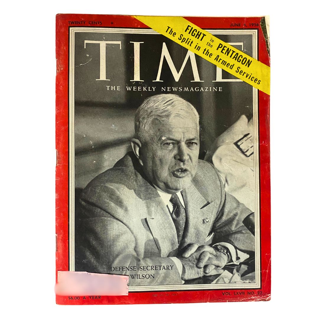 Vintage Time Magazine June 4, 1956 featuring Charles Erwin Wilson on the cover, showcasing his role as a Defense Secretary with a striking red border.