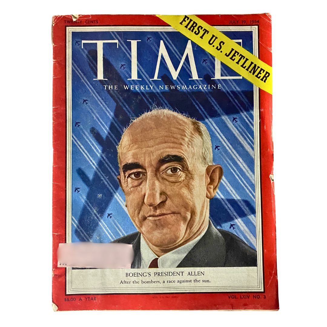 Vintage Time Magazine from July 19, 1954, featuring Boeing's President Allen on the cover, showcasing the first U.S. jetliner and aviation history.