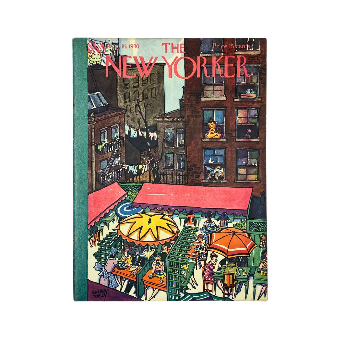 Cover of The New Yorker, August 16, 1930, featuring artwork by Barney Tobey, in very good (VG) condition