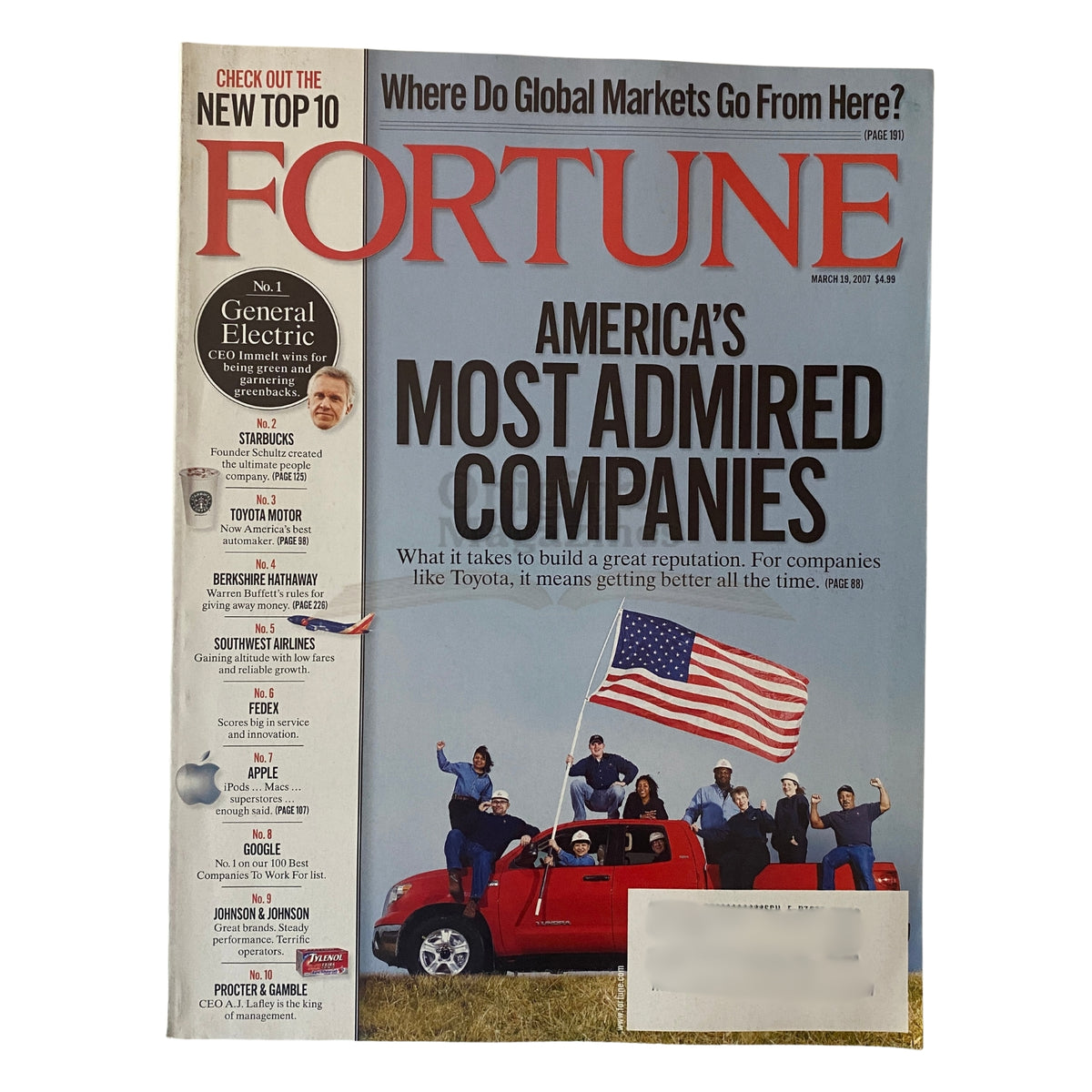 Cover of Fortune Magazine March 19, 2007 showcasing America’s Most Admired Companies, featuring an image of a red truck and a group celebrating with the American flag.