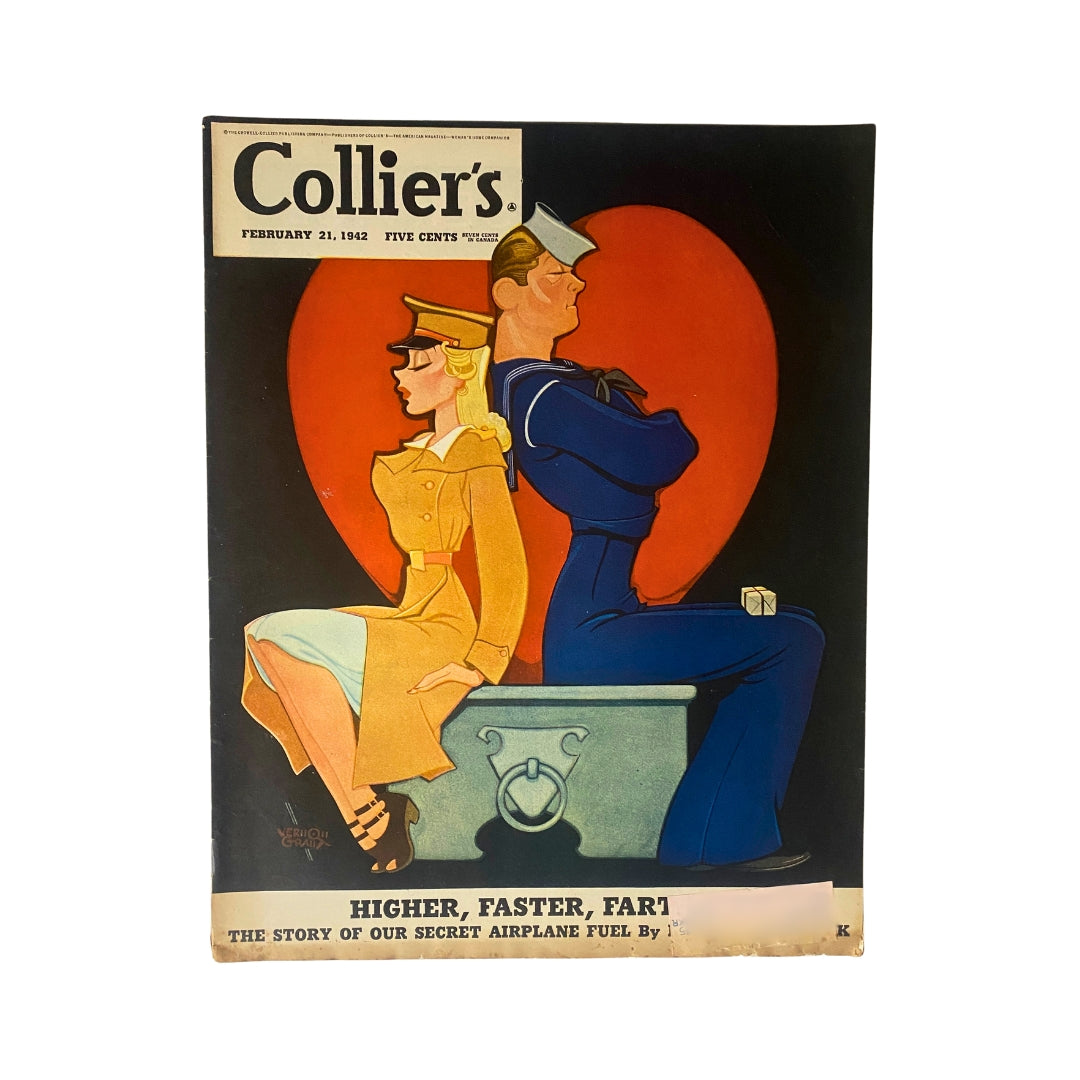 Cover of Collier's Magazine dated February 21, 1942, featuring artwork by Vernon Grant, depicting a military theme with a soldier and a sailor. The cover highlights the issue's focus on aviation fuel advancements.