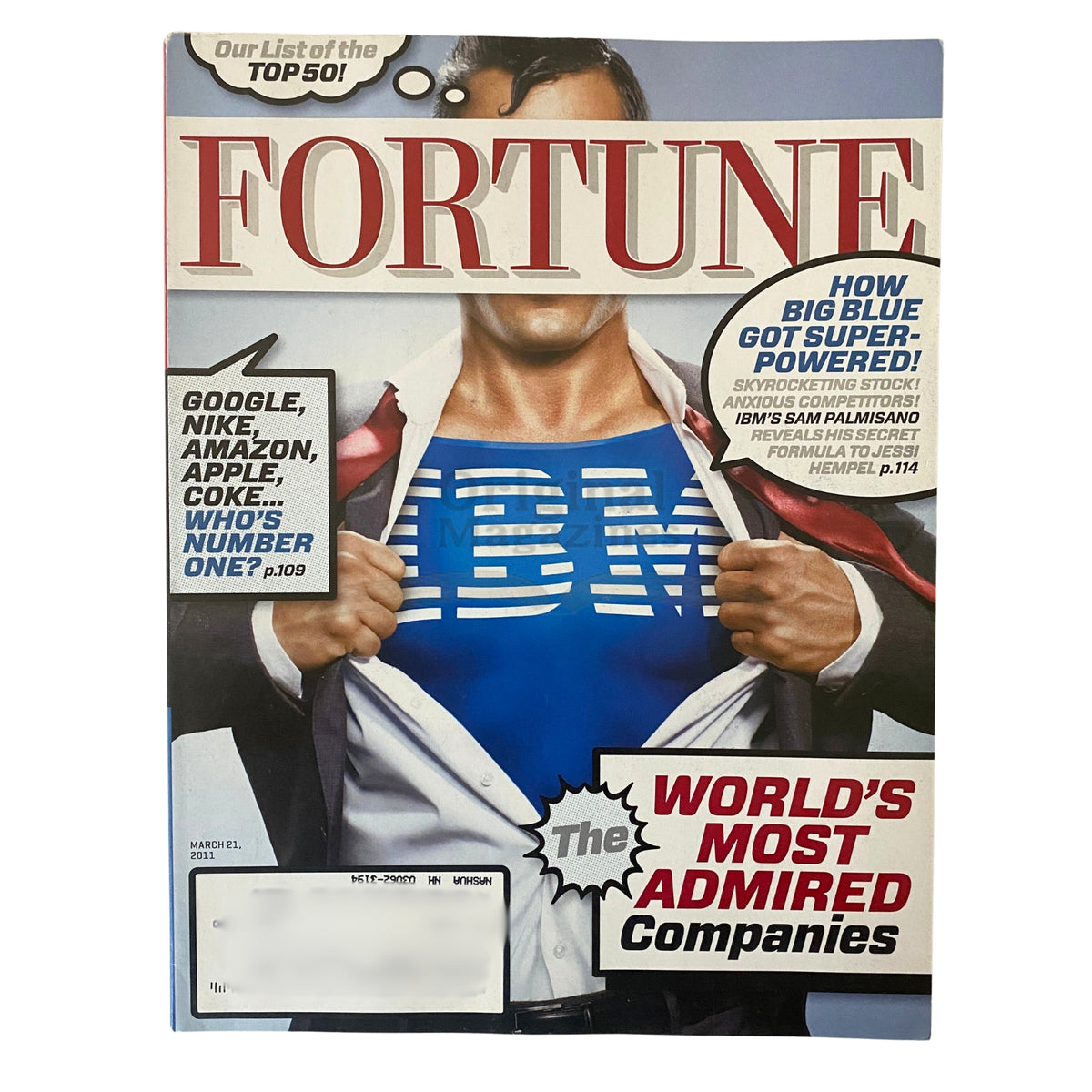 Cover of Fortune Magazine March 21, 2011 featuring the title 'How Big Blue Got Super-Powered' with a model revealing an IBM shirt, highlighting the theme of business innovation.