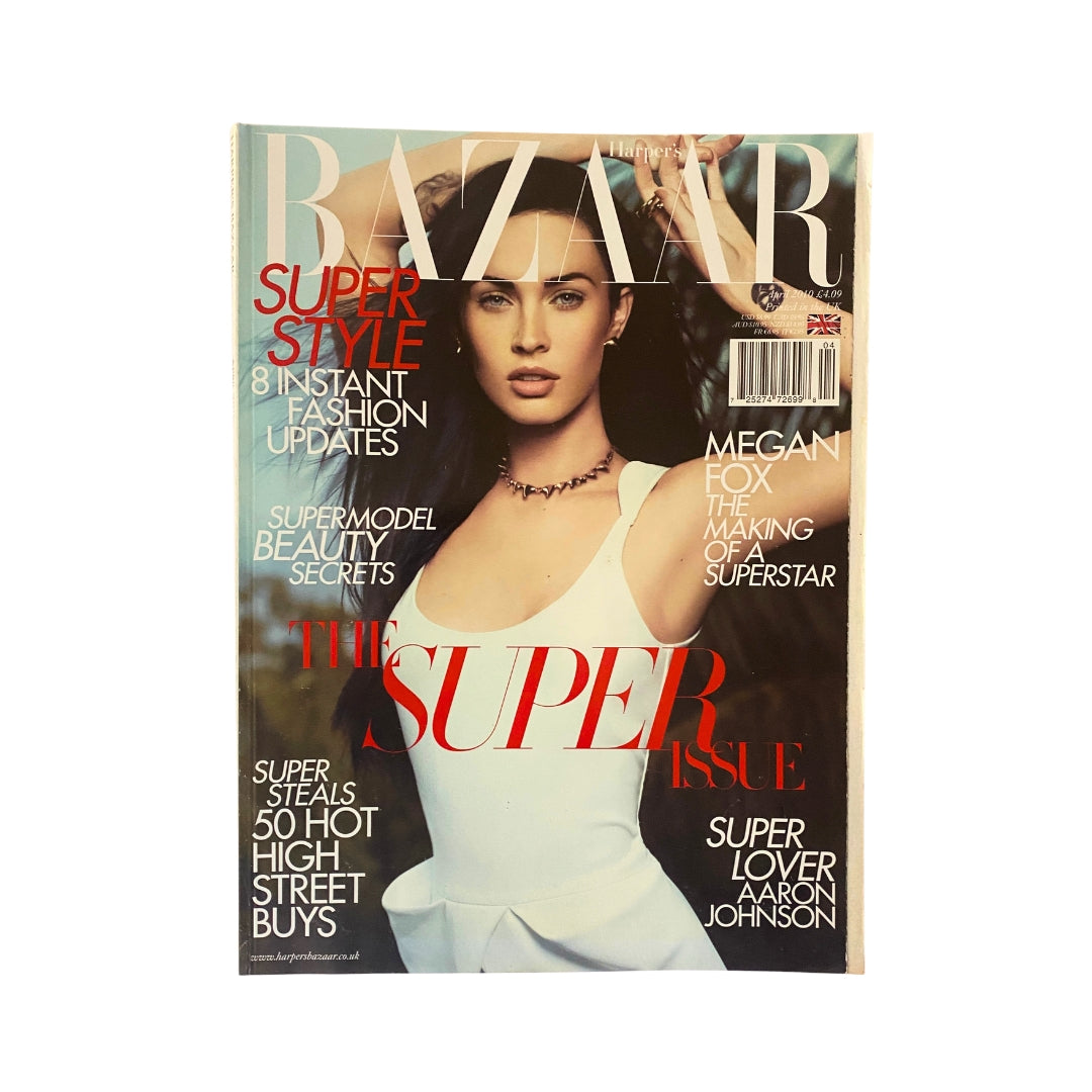 Cover of Harper's Bazaar UK Magazine April 2010 featuring Megan Fox. The cover highlights 'Super Style' and 'The Super Issue', showcasing a stunning portrait of Megan Fox in a stylish white outfit, accompanied by text about fashion updates and supermodel beauty secrets.