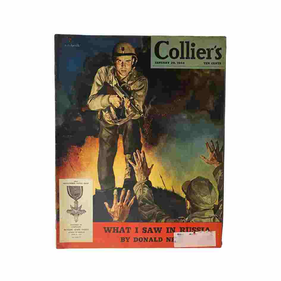 Cover of Collier's Magazine from January 29, 1944, depicting 'The Hero on The Cover' by C.C. Beall, featuring a soldier with weapon in a dramatic scene.