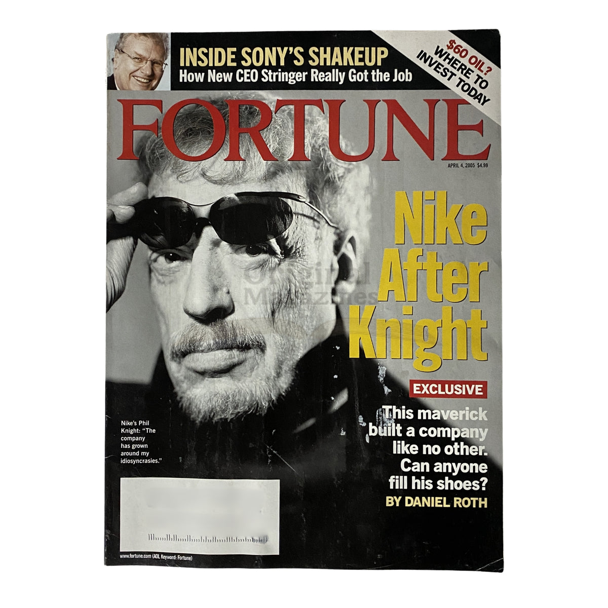 Fortune Magazine cover from April 4, 2005 featuring Phil Knight with the headline 'Nike After Knight'. This edition highlights Phil Knight's leadership and the transition to new CEO Bill Perez.