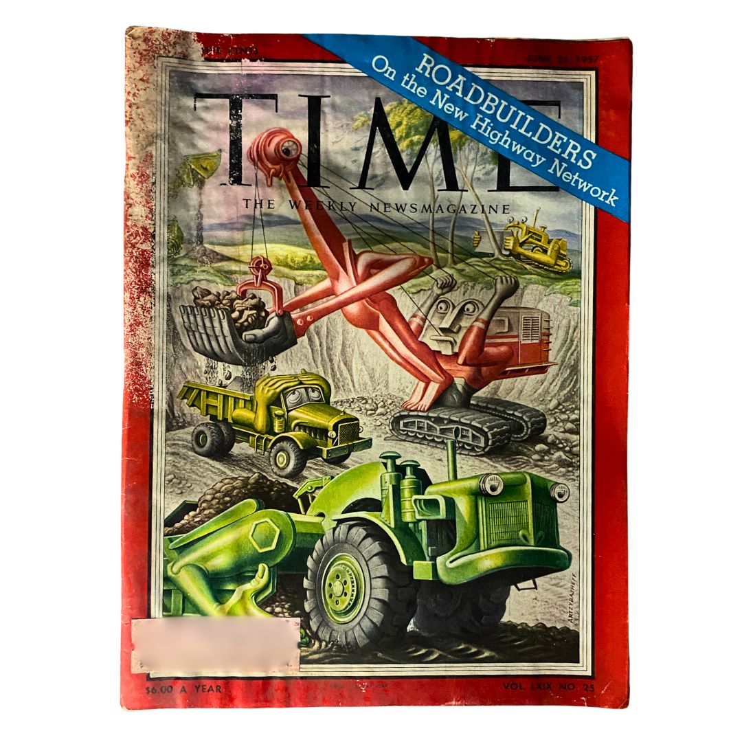 VTG Time Magazine June 24, 1957 Vol 69 No. 25 featuring a colorful cover illustration of various monster machines, including construction vehicles, symbolizing the theme of 'Monster Machines'.