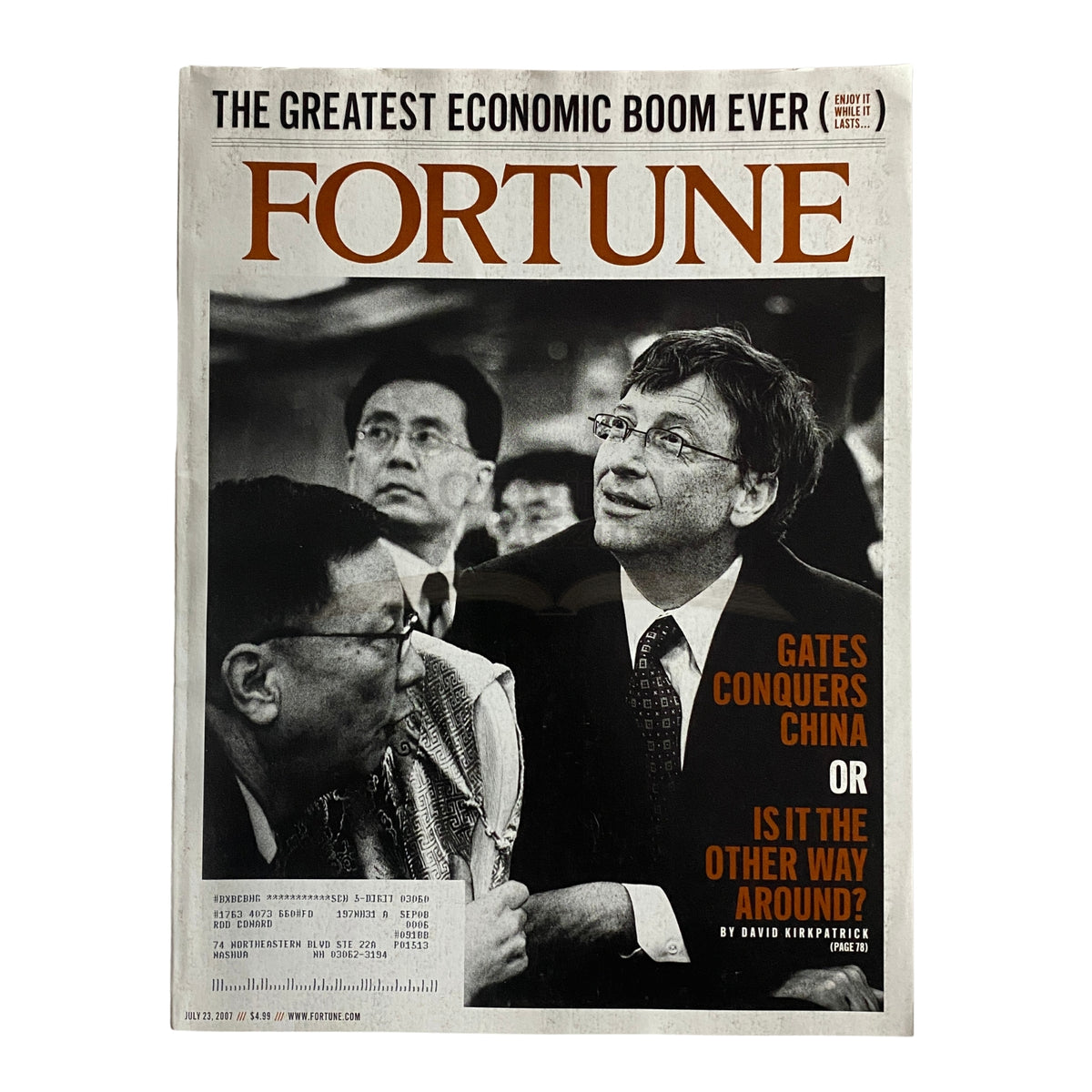 Cover of Fortune Magazine July 23, 2007, featuring Bill Gates with the headline 'Gates Conquers China', highlighting his impact on the global economy.