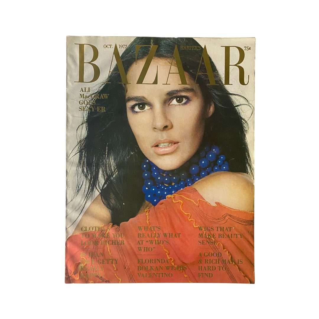 Cover of Harper's Bazaar Magazine, October 1972 featuring Ali MacGraw with bold typography, showcasing vintage fashion from the early 1970s.