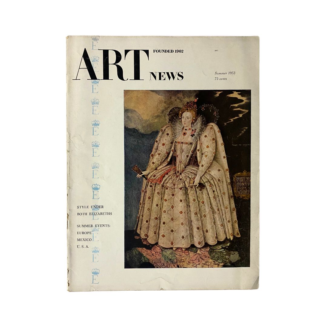 Cover of VTG Art News Magazine Summer 1953 titled 'Style Under Both Elizabeths' featuring a historical illustration and modern design elements.