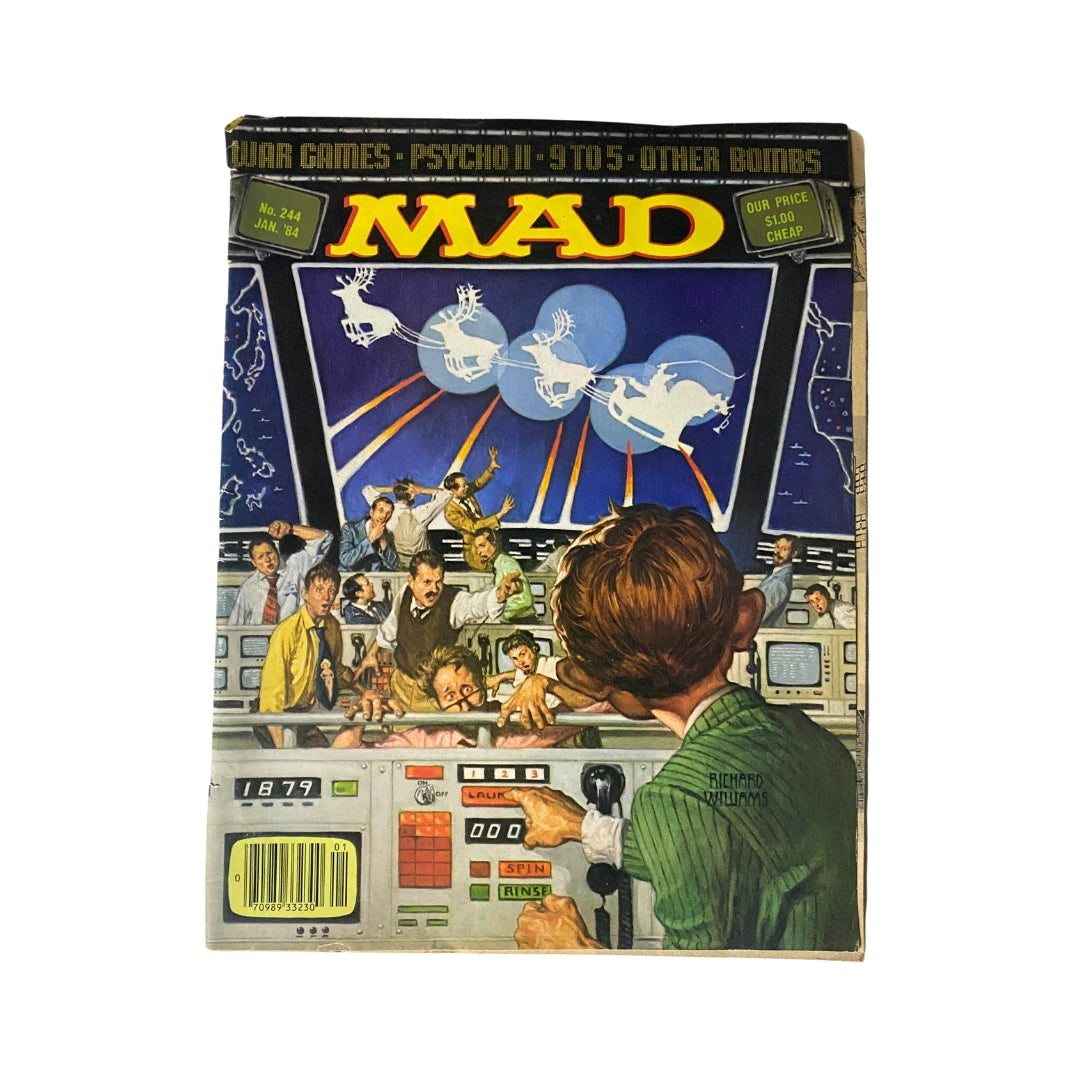 Cover of Mad Magazine January 1984 No. 244 featuring illustrations related to 'War Games' and 'Psycho II', depicting chaotic scenes with characters and technology, showcasing the humor and cultural satire of the 1980s.