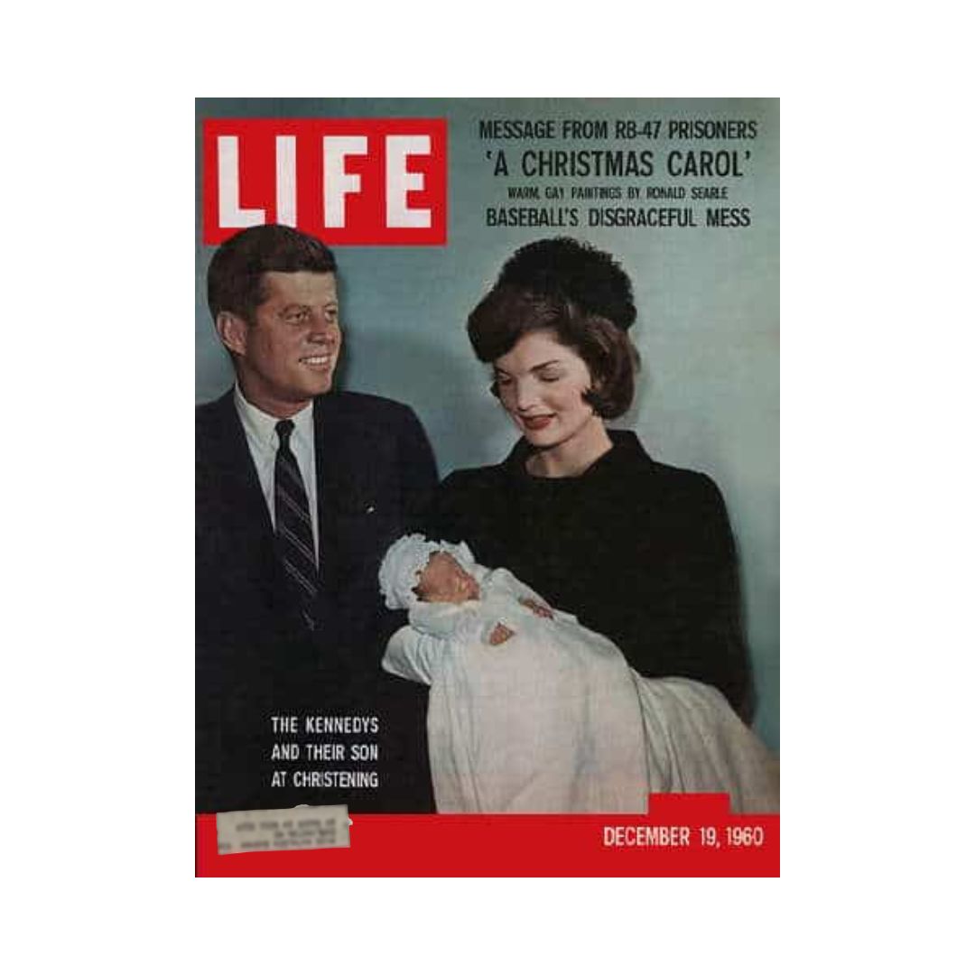 Vintage Life Magazine from December 19, 1960, featuring John F. Kennedy Jr.'s christening with President John F. Kennedy and Jacqueline Kennedy on the cover. This historical magazine captures a significant moment in American culture.