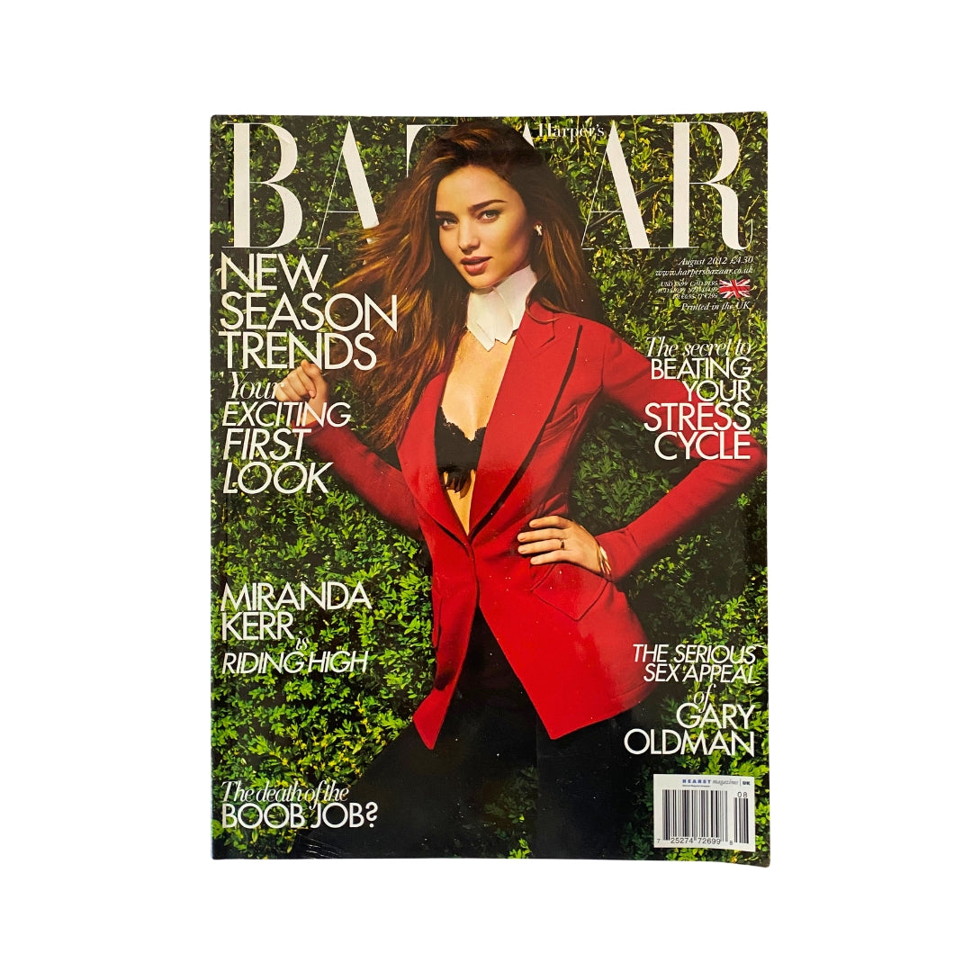 Harper's Bazaar UK Magazine August 2012 featuring Miranda Kerr on the cover, showcasing fashion insights and trends.
