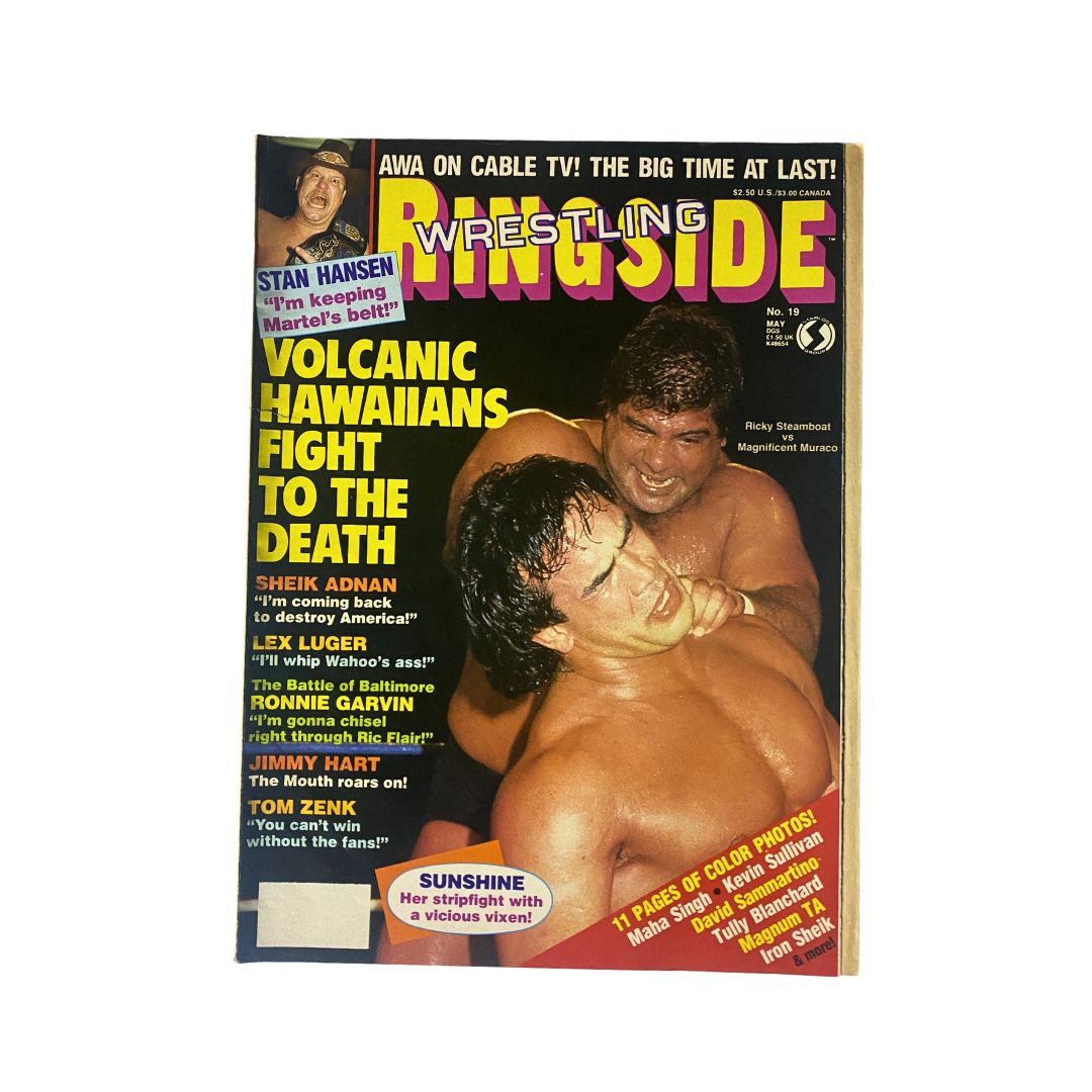 Ringside Wrestling Magazine May 1986 featuring cover story on Ricky Steamboat vs Magnificent Muraco, with highlights including Stan Hansen and Lex Luger, showcasing wrestling memorabilia.