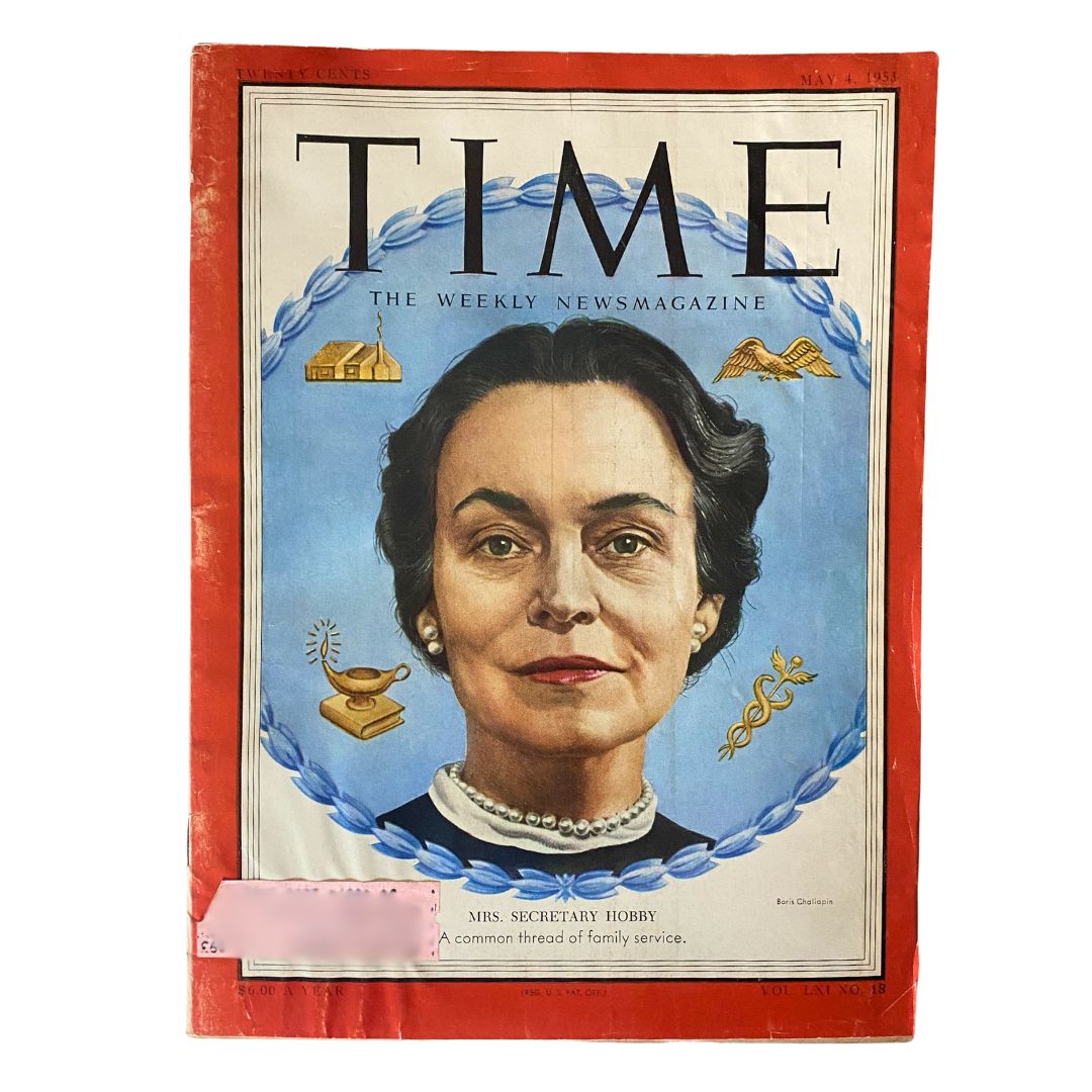 Cover of VTG Time Magazine May 4, 1953 featuring Oveta Culp Hobby, showcasing her portrait with a red border and notable elements including an eagle and a house.