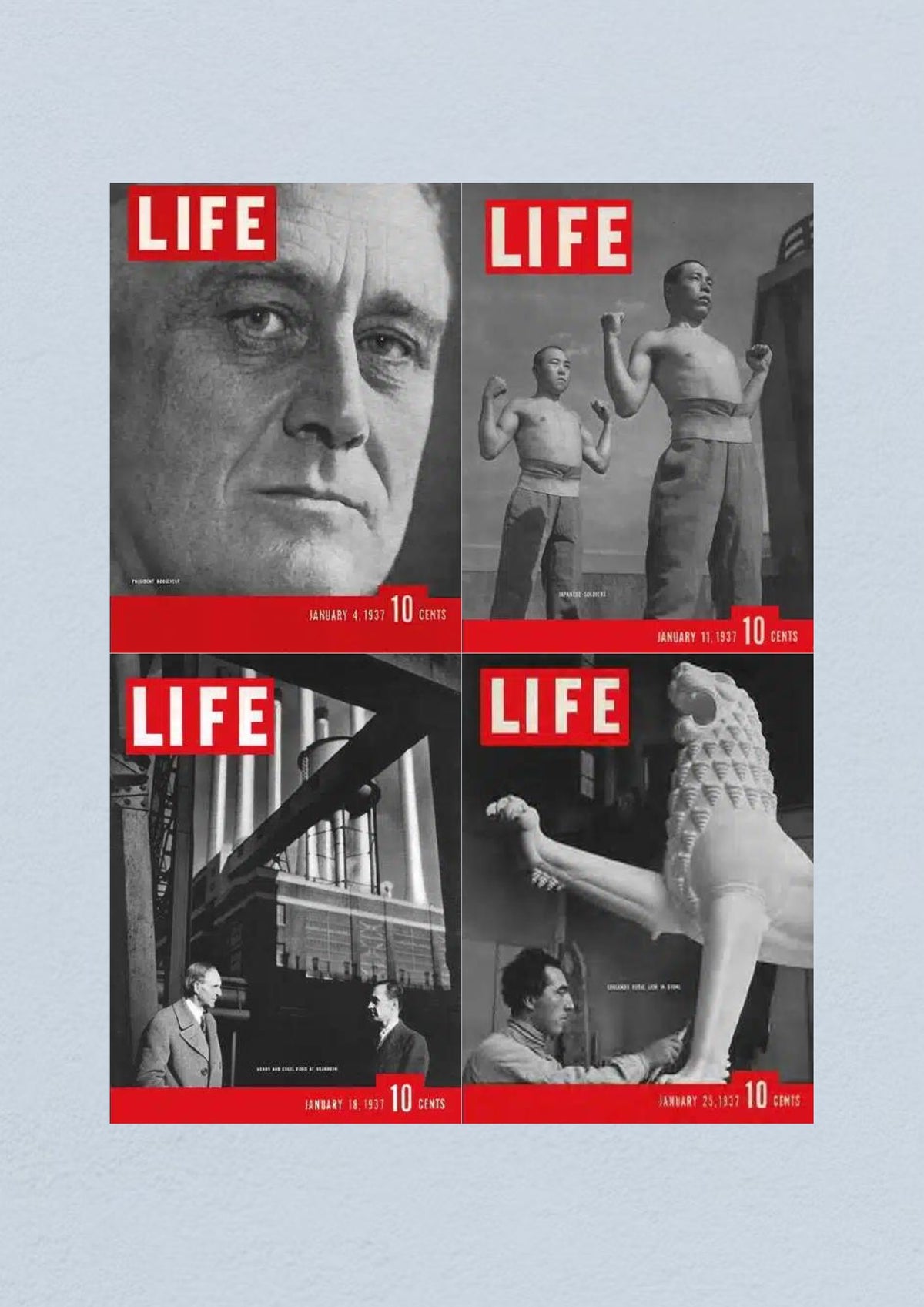 Life Magazine Lot of 4 Full Month of January 1937 featuring covers from January 4 with President Franklin D. Roosevelt, January 11 showcasing Japanese soldiers, January 18 depicting Henry Ford and Edsel Ford, and January 25 highlighting England's Royal Lion Sculpture in Stone.