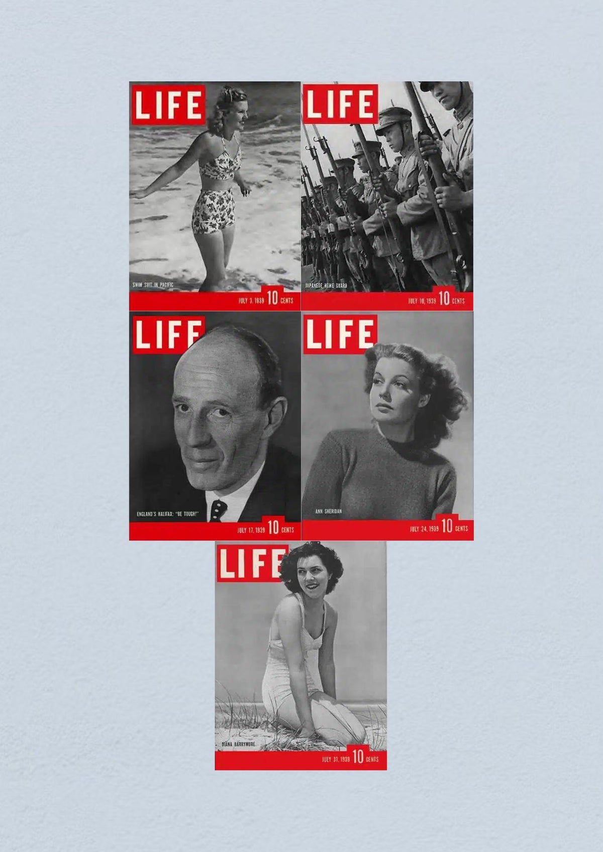 Life Magazine Lot of 5 Full Month of July 1939 featuring the July 3 issue showing a woman in a swimsuit, July 10 issue depicting Japanese soldiers, July 17 issue with Lord Halifax, July 24 issue featuring actress Ann Sheridan, and July 31 issue with a beach scene.