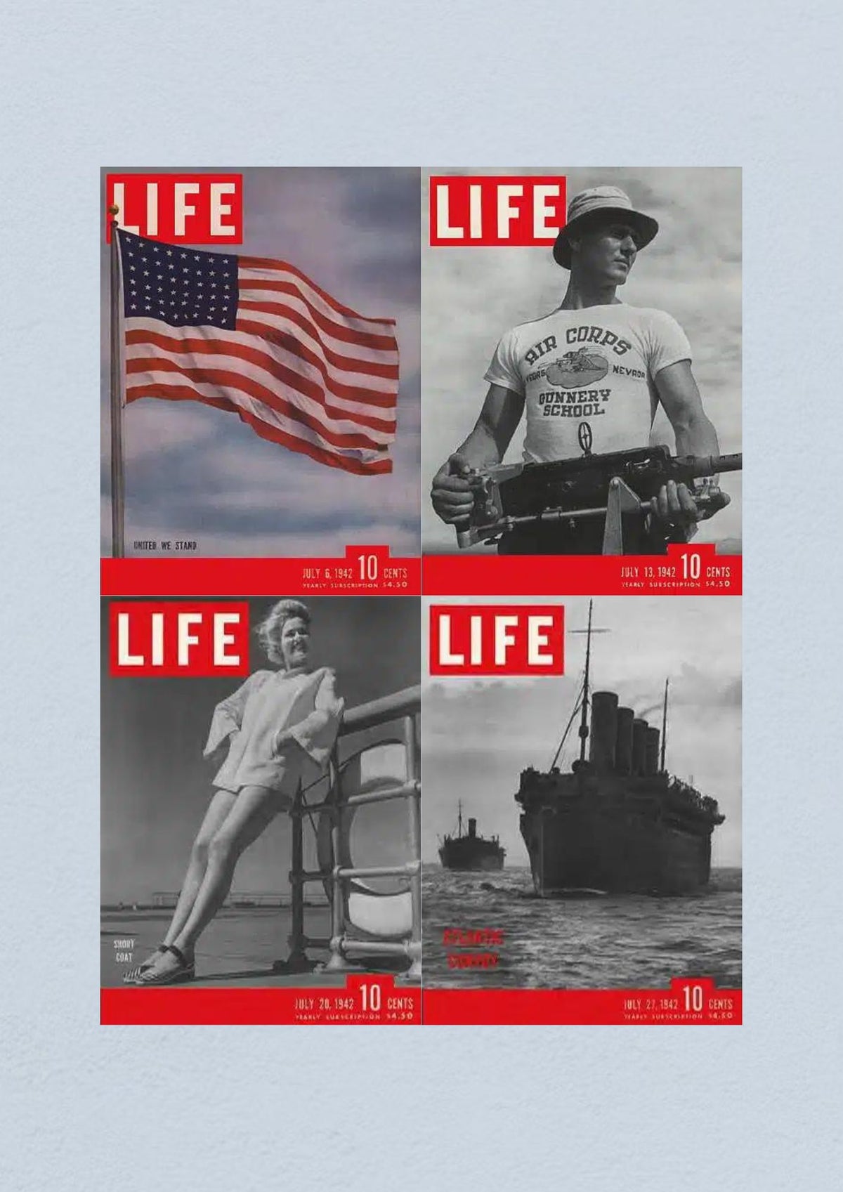 Life Magazine lot featuring four covers from July 1942, showcasing significant WWII themes, including 'United We Stand' with an American flag on July 6, a gunnery training feature on July 13, a short coat fashion on July 20, and the Women's Army Corps on July 27.