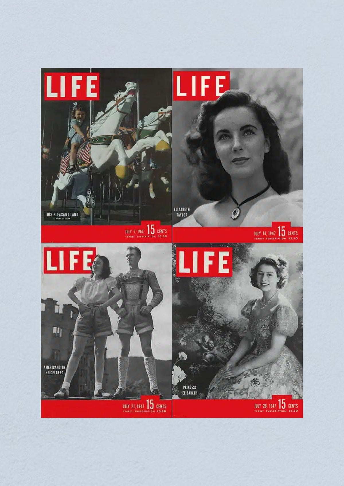 Life Magazine Lot of 4 Full Month of July 1947 includes covers featuring 'This Pleasant Land', Elizabeth Taylor, 'Americans in Heidelberg', and Princess Elizabeth, showcasing iconic imagery from July 7 to July 28, 1947.
