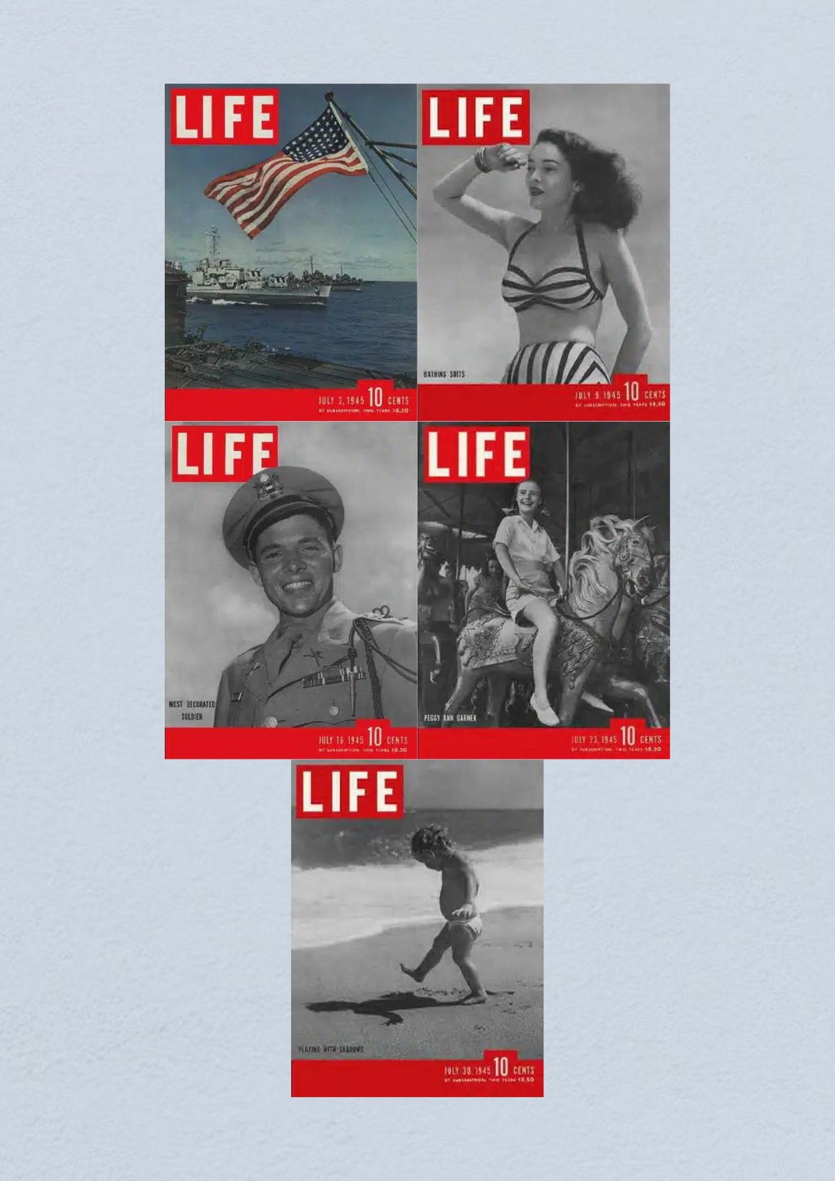 Collection of Life Magazine covers from July 1945 showcasing significant World War II moments, including the U.S. Navy Pacific Fleet, bathing suit fashion, decorated soldier Audie Murphy, and cultural shifts.