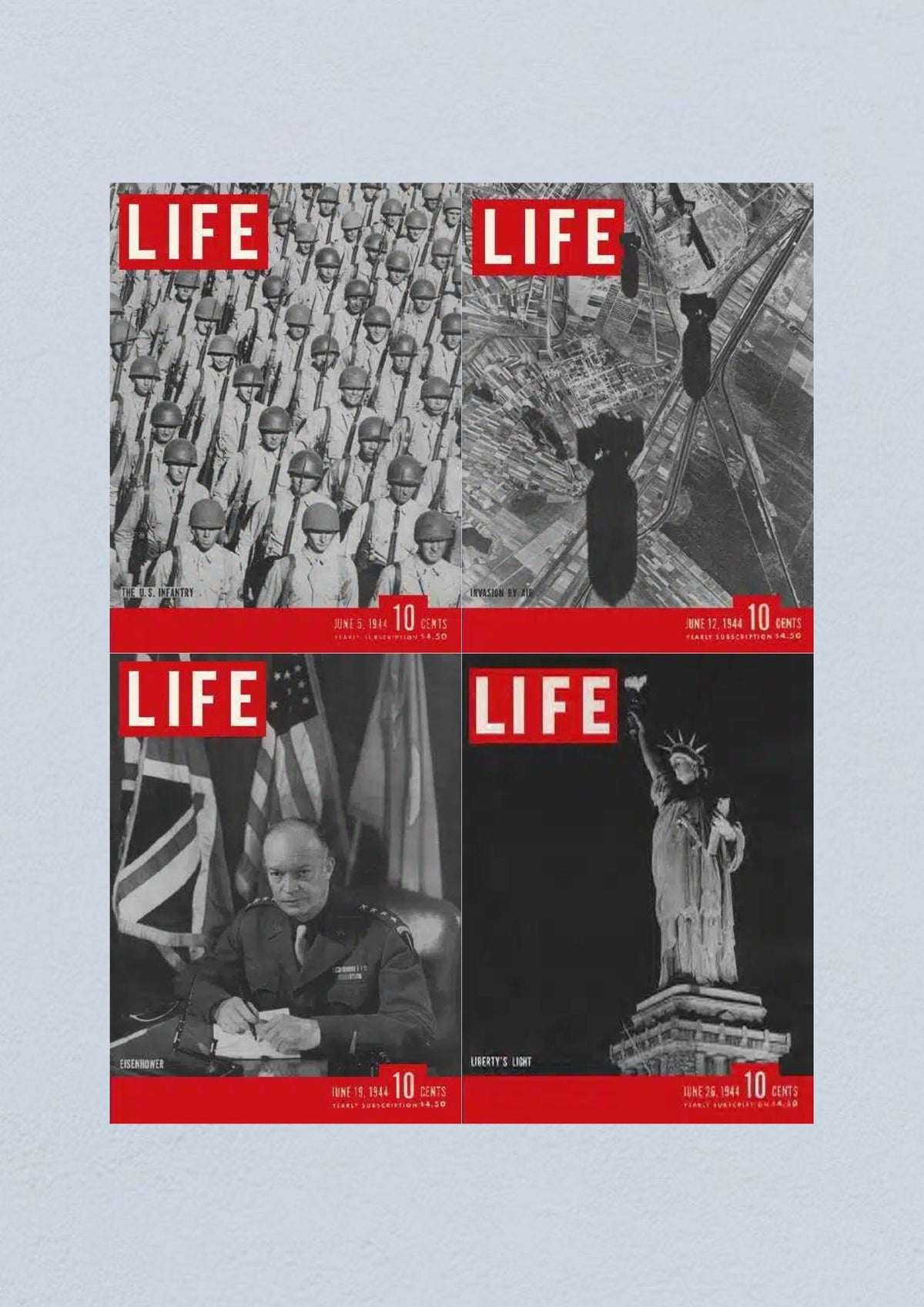 Life Magazine Lot of 4 Full Month of June 1944 featuring covers from June 5, 12, 19, and 26, showcasing U.S. Army Infantry, D-Day Invasion, General Eisenhower, and the Statue of Liberty, highlighting WWII history.