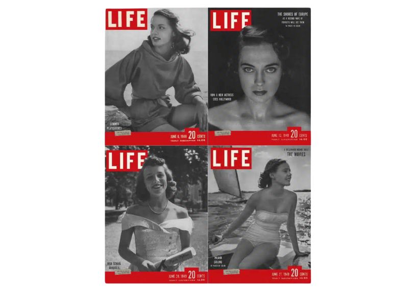 Life Magazine Lot of 4 Full Month of June 1949, showcasing covers from June 6, 13, 20, and 27 featuring notable women and cultural highlights.