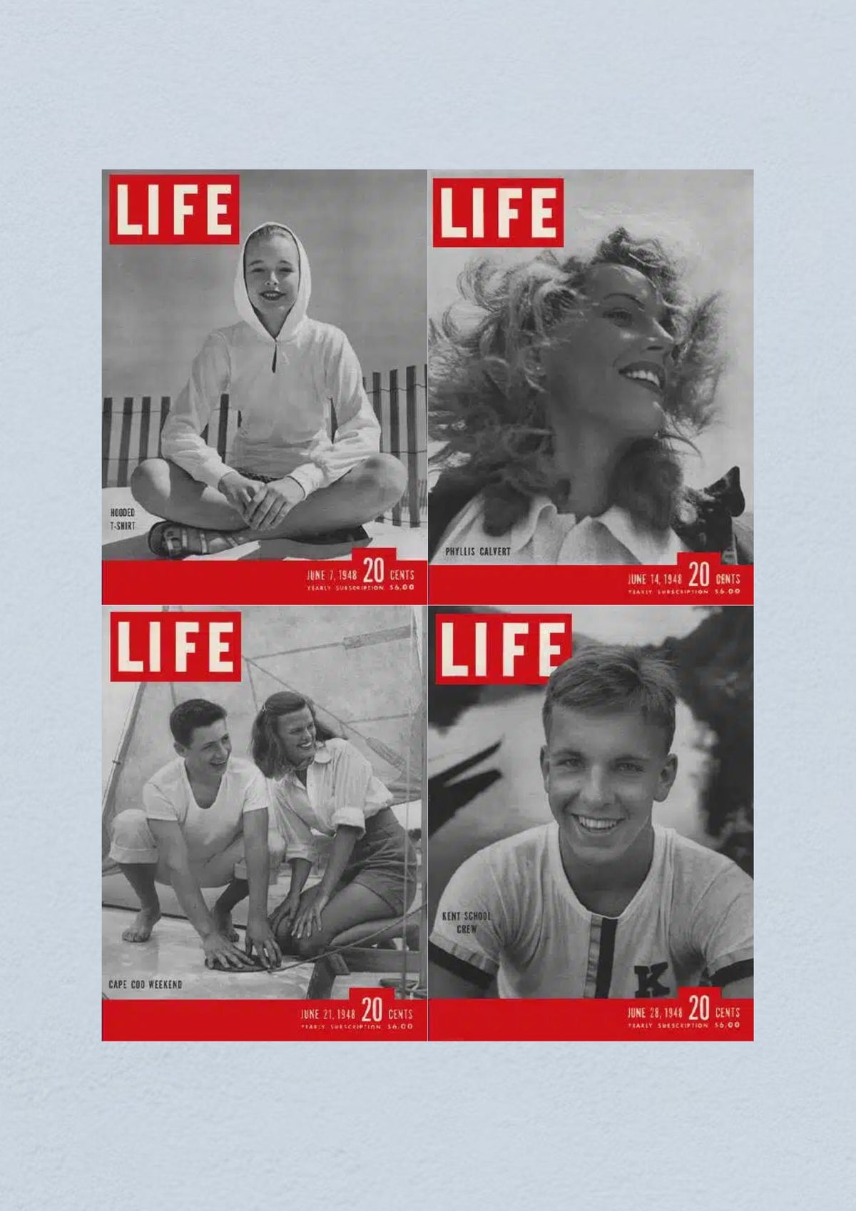 Life Magazine Lot of 4 Full Month of June 1948, showcasing cover images from issues dated June 7, June 14, June 21, and June 28. Includes photographs of models and everyday life events characteristic of the late 1940s.