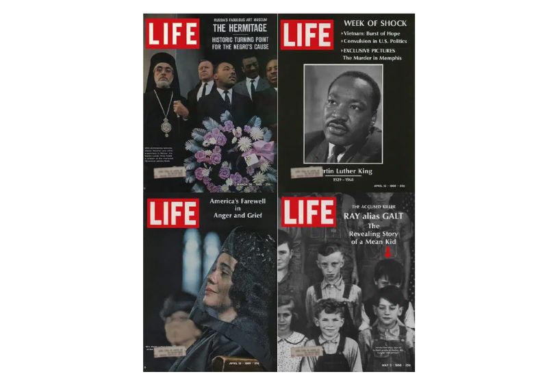 Life Magazine Lot of 4 Martin Luther King Jr. Assassination Memorial Issues showcasing covers from significant dates including March 26, 1965, April 12, 1968, April 19, 1968, and May 3, 1968, reflecting on the civil rights movement and the legacy of Martin Luther King Jr.