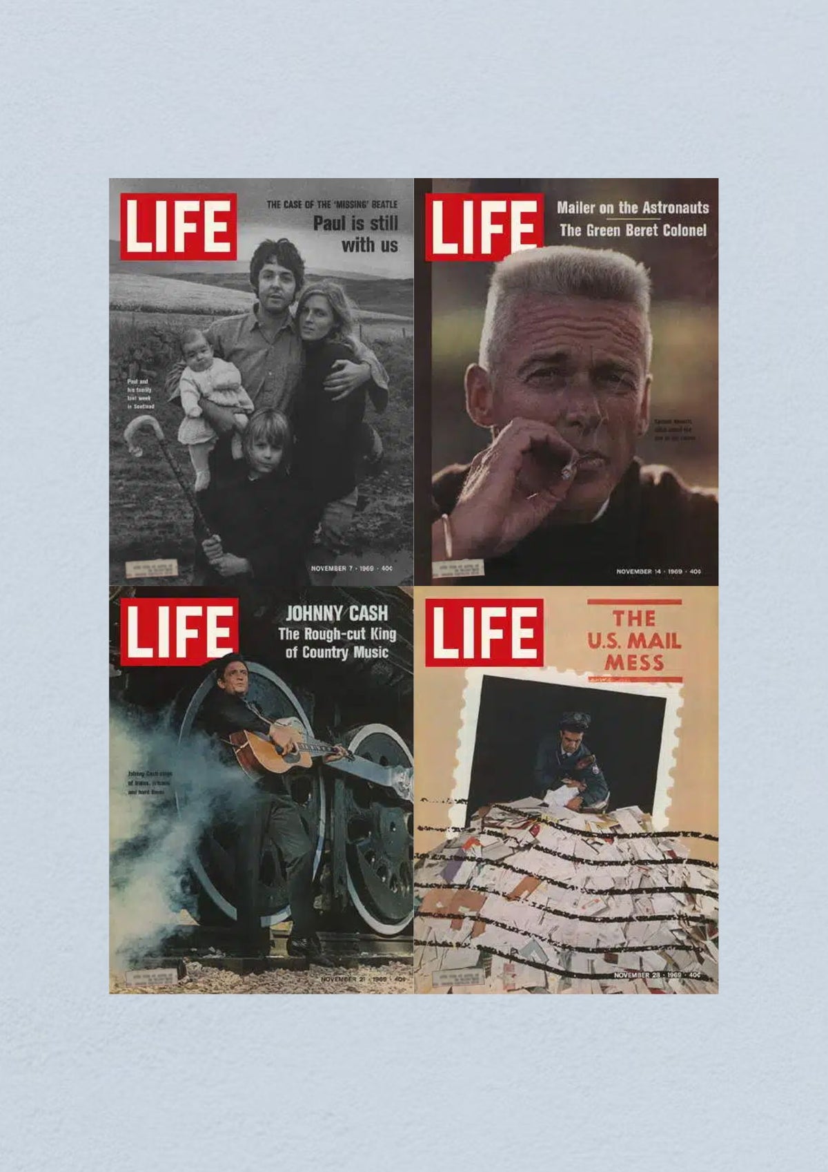 Life Magazine Lot of 4 Full Month November 1969 featuring covers from the 7th, 14th, 21st, and 28th. Highlights include Paul McCartney with family, Johnny Cash, military life during Vietnam War, and U.S. Postal Service challenges.