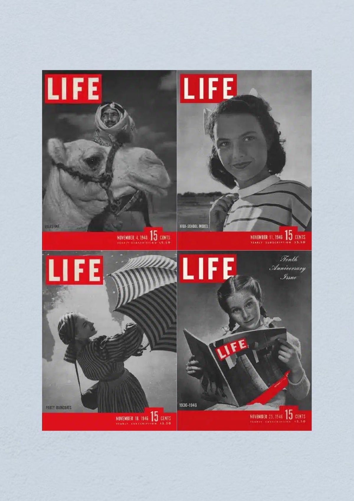 Life Magazine Lot of 4 Full Month of November 1946 featuring covers for November 4, 11, 18, and 25, showcasing historical moments and fashion of the era.