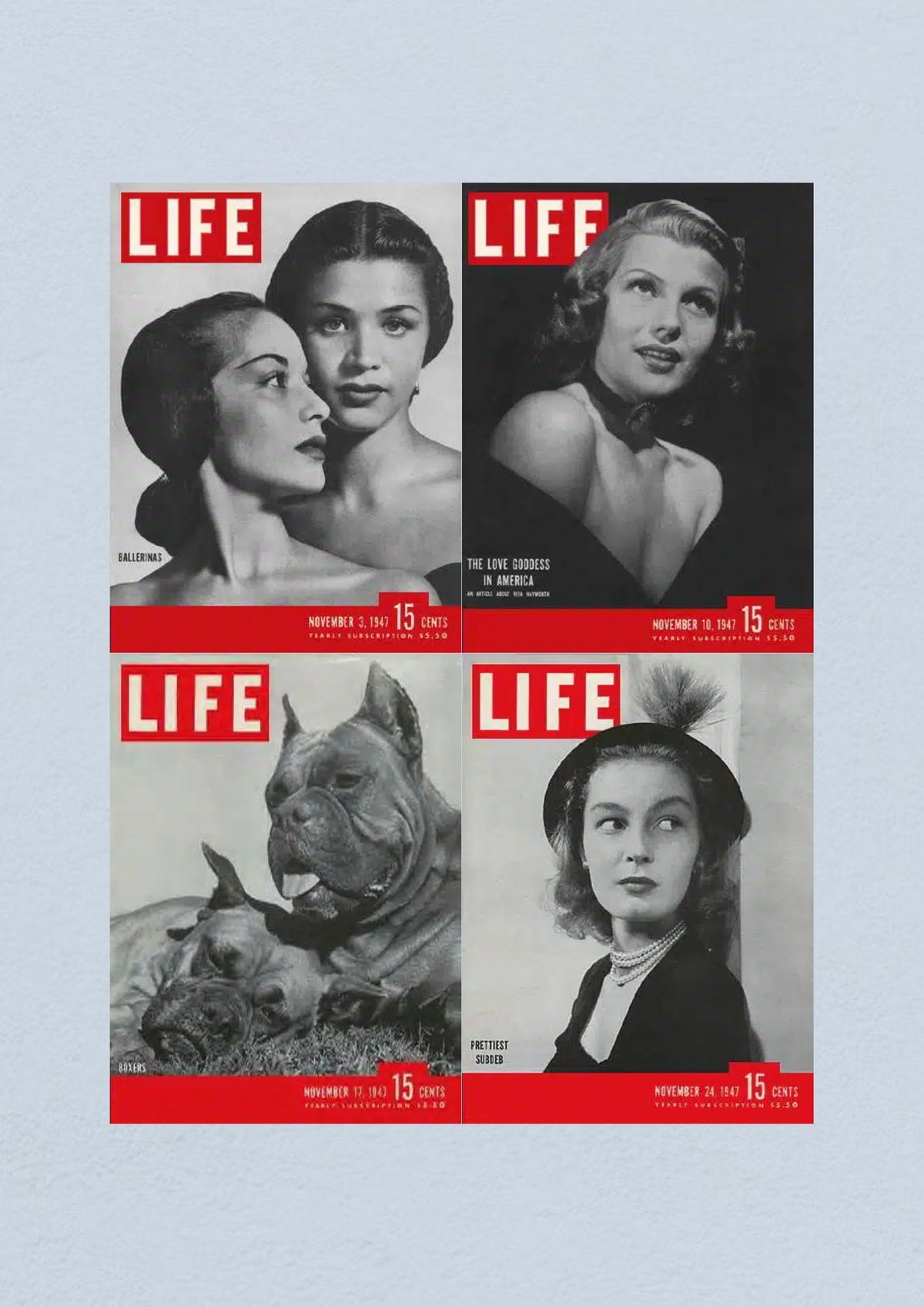 Life Magazine Lot of 4 Full Month of November 1947 featuring covers from November 3, 10, 17, and 24, including ballerinas, Rita Hayworth, boxers, and a beautiful lady in a hat.