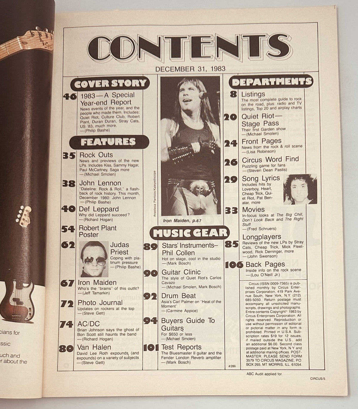 Table of contents page from Circus Magazine December 31, 1983, listing featured articles and sections including cover story on 1983 year-end report and profiles on rock bands like Quiet Riot and Iron Maiden.