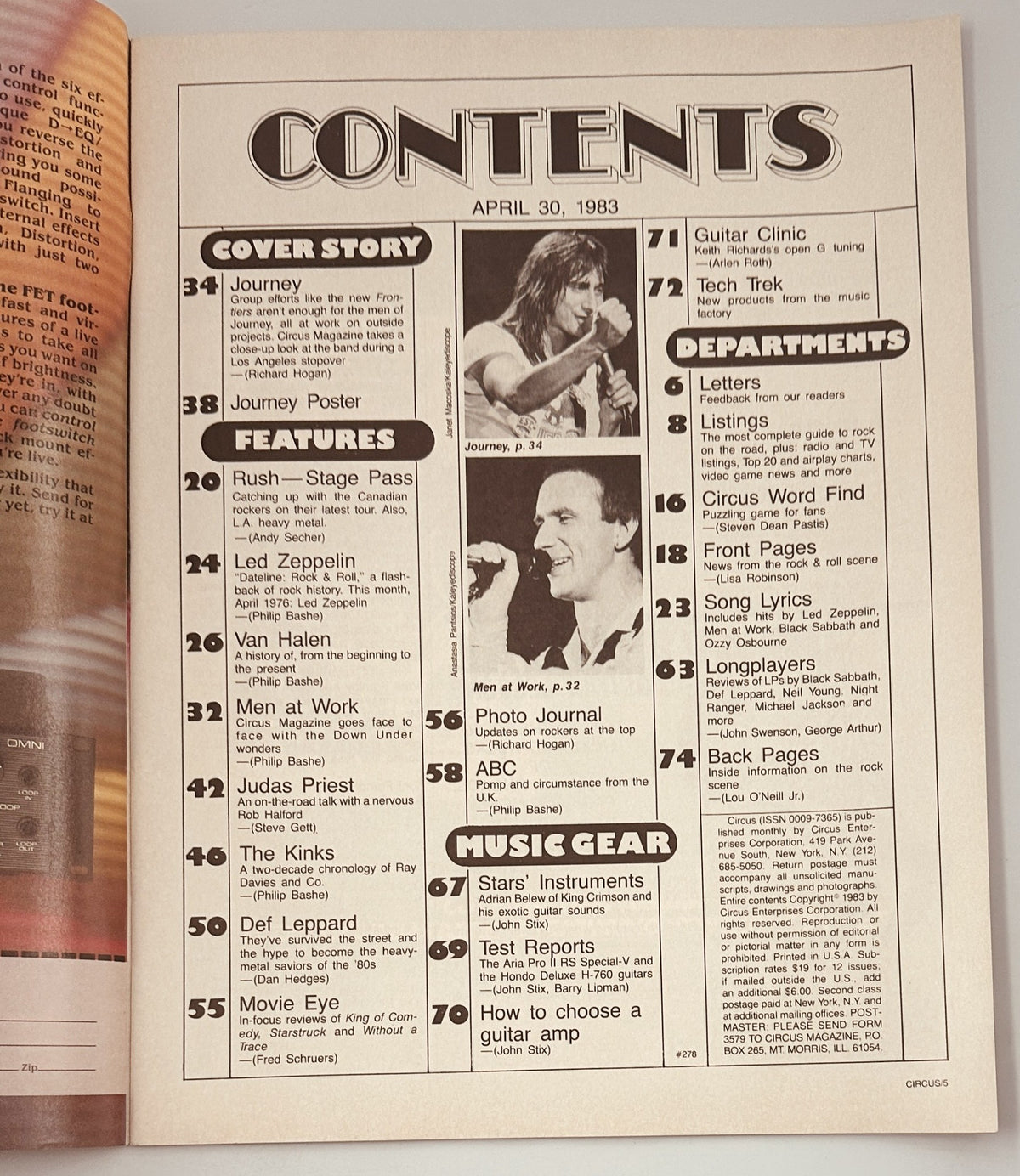 Table of contents from Circus Magazine, April 30, 1983, showcasing feature articles on Journey, Rush, Van Halen, and more.