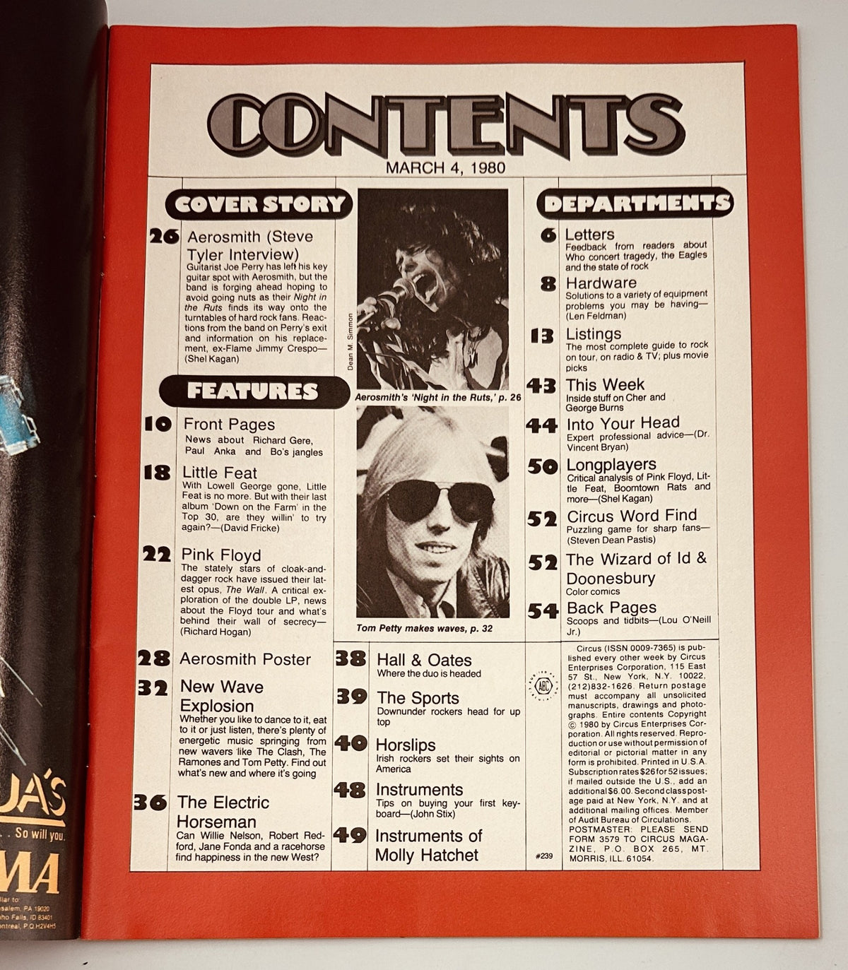 Table of contents from Circus Magazine March 4, 1980, featuring articles on Aerosmith, Pink Floyd, Tom Petty, and more.