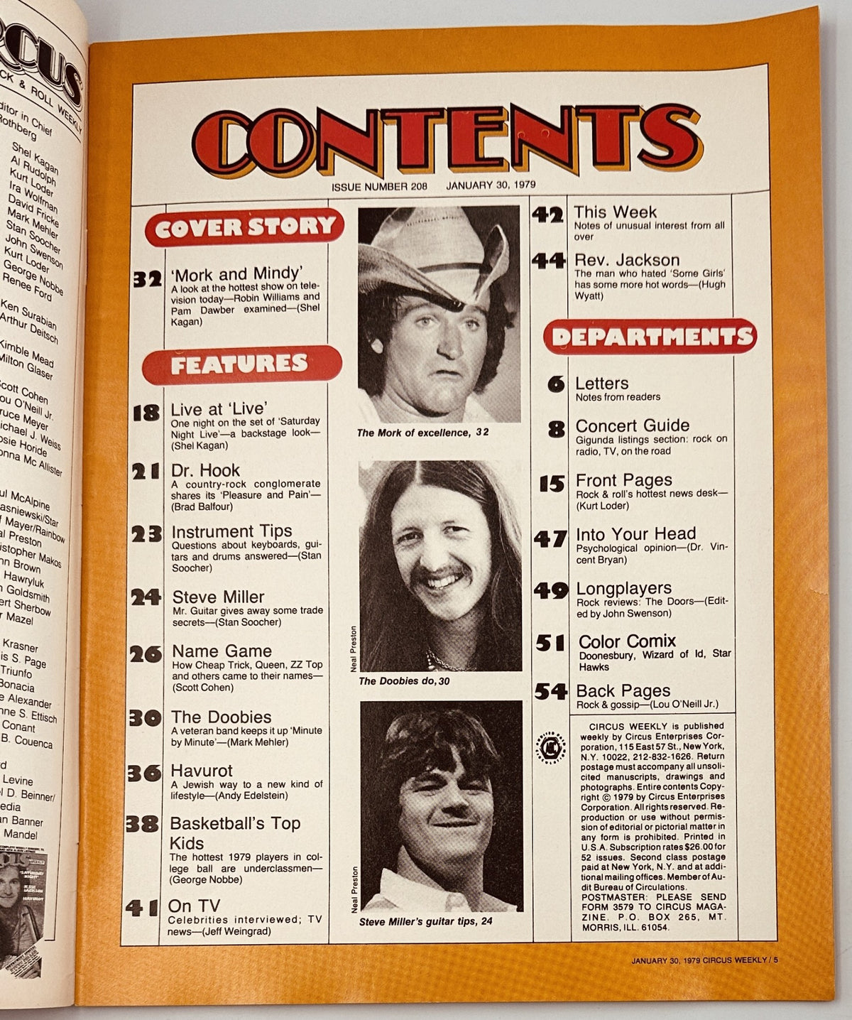 Table of Contents page from Circus Weekly Magazine January 30, 1979 showcasing various features including Mork and Mindy, Dr. Hook, and a Concert Guide.